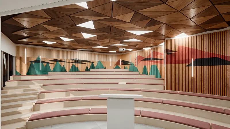 Tiered auditorium with timber ceiling