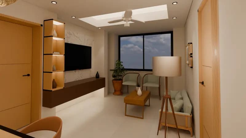 Warm living room looking towards windows