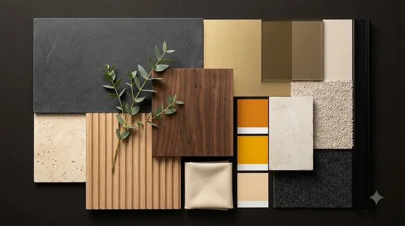 Moodboard of wood, stone and fabric samples